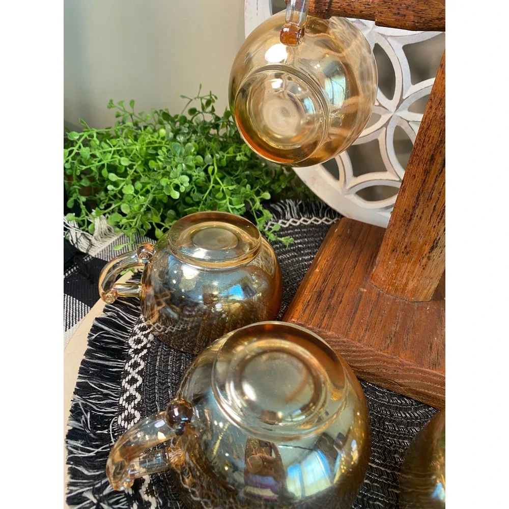 Vintage Fire-King Peach Lustre Tea‎ Cups Set of 6 Iridescent Copper Glass Mugs
